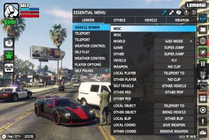 Fonctionnalités Essential Menu LemonUI - Spawn véhicules et personnalisation GTA 5
