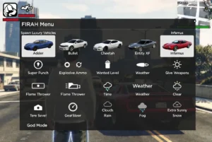 FiRAH Menu GTA 5 - Options de triche : God Mode, spawn véhicules et personnalisation