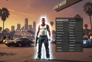 Simple Trainer GTA V - Menu du mod avec God Mode, options joueur et vue sur Los Santos