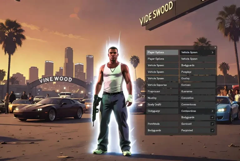 Simple Trainer GTA V - Menu du mod avec God Mode, options joueur et vue sur Los Santos