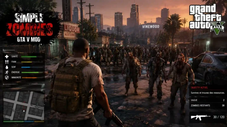 Mode apocalypse zombie dans GTA 5 avec hordes de morts-vivants et système de survie hardcore