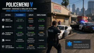 Gameplay PoliceMenu V dans GTA 5 avec système d’interaction policière et contrôle des patrouilles