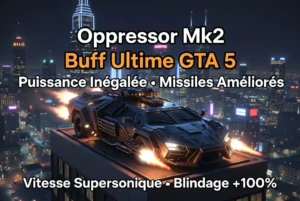Oppressor Mk2 Buff Ultime sur le toit d'un gratte-ciel à Los Santos. Mod GTA 5 qui augmente drastiquement la vitesse supersonique, le blindage +100% et la puissance des missiles de l'Oppressor Mk2.