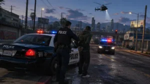 Scène d’arrestation avec PoliceMenu V dans GTA 5 incluant véhicules de police et immersion réaliste