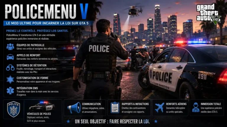 PoliceMenu V pour GTA 5 avec patrouille policière immersive et intervention dans Los Santos