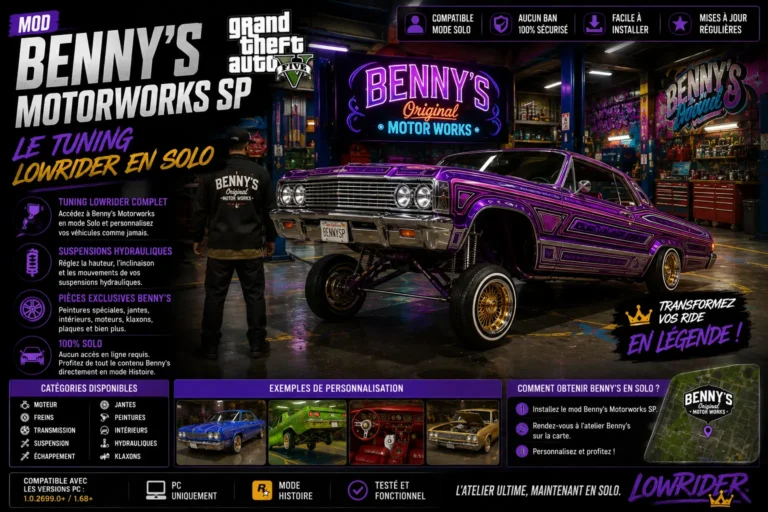 Mod Benny’s Motorworks SP GTA 5 : Le Tuning Lowrider en Solo